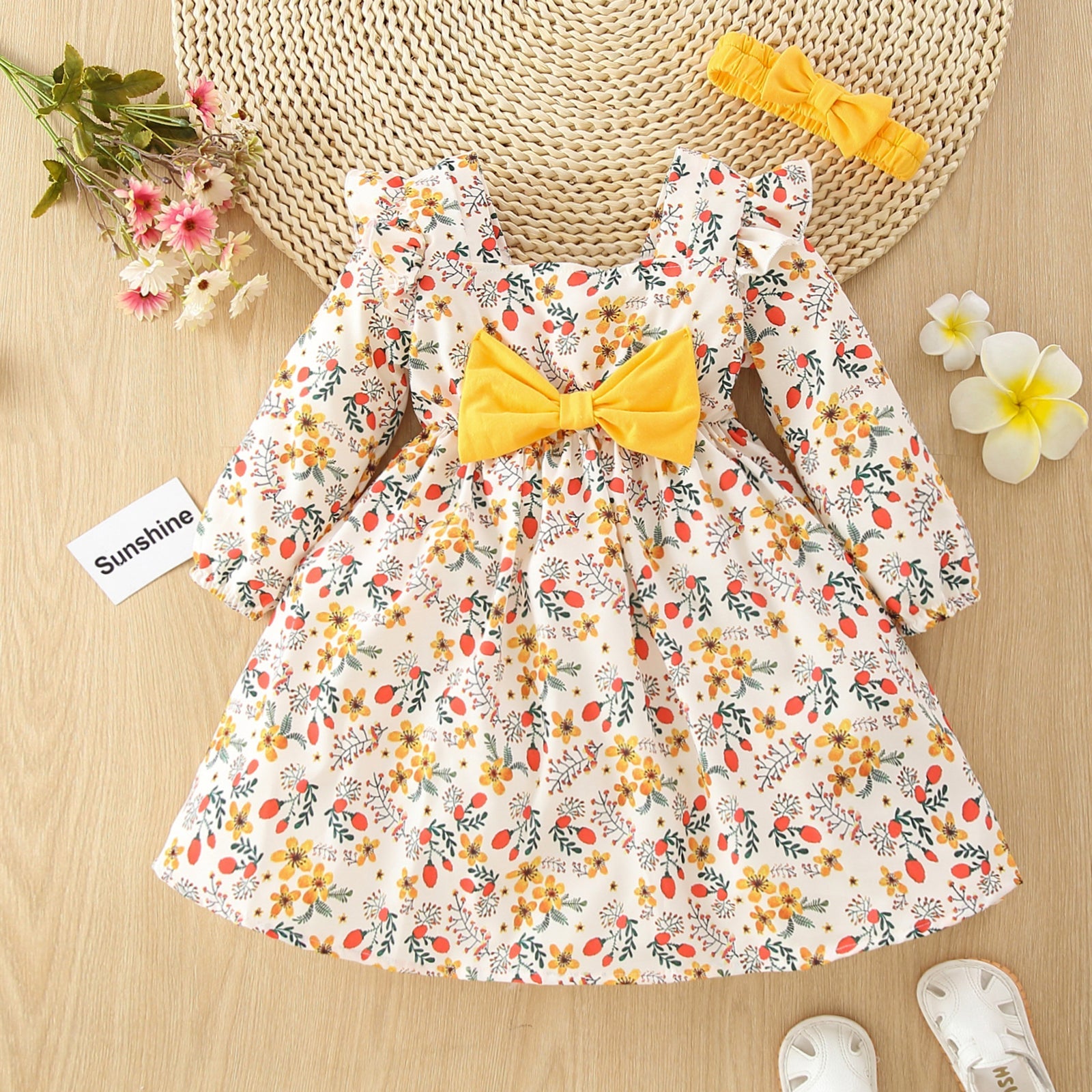 2-piece Toddler Girl Bowknot Design Square Neck Floral Print Long-sleeve Dress and Headband Set