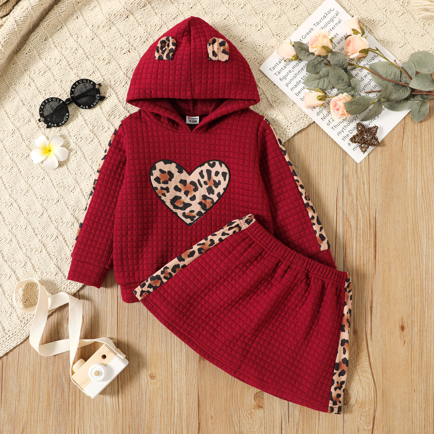2 piece Toddler Girl Leopard Heart Print Textured Hoodie Sweatshirt and Red Skirt Set