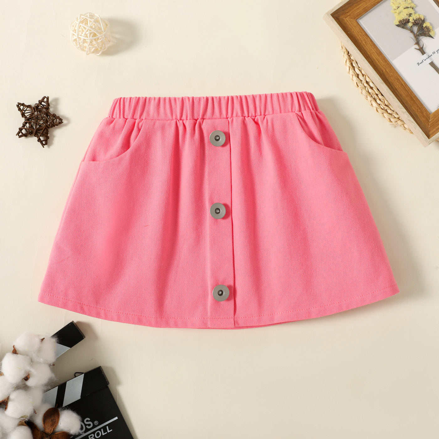 Toddler Girl 100% Cotton Solid Color Pocket Button Design Elasticized Skirt