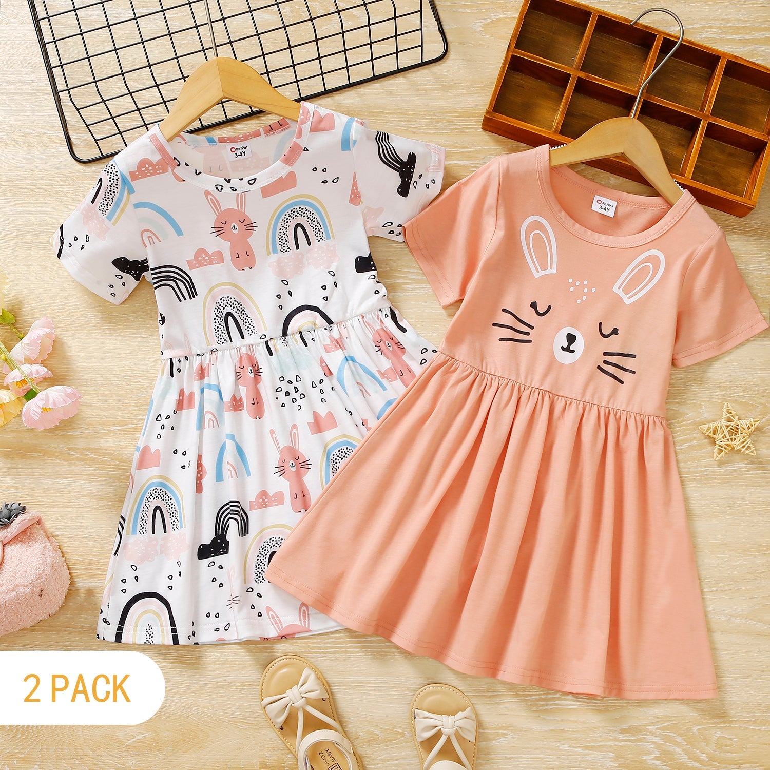 2-Pack Toddler Girl RabbirRainbow Print Short-sleeve Dress