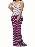 Women long Stripe Design dress Scoop style - vmlfashion-com